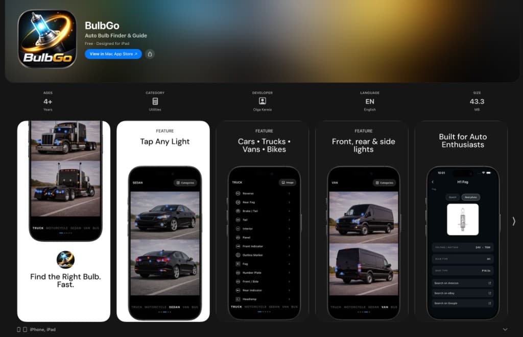 BulbGo app hero screenshot — truck, motorcycle, sedan and van bulb lookup