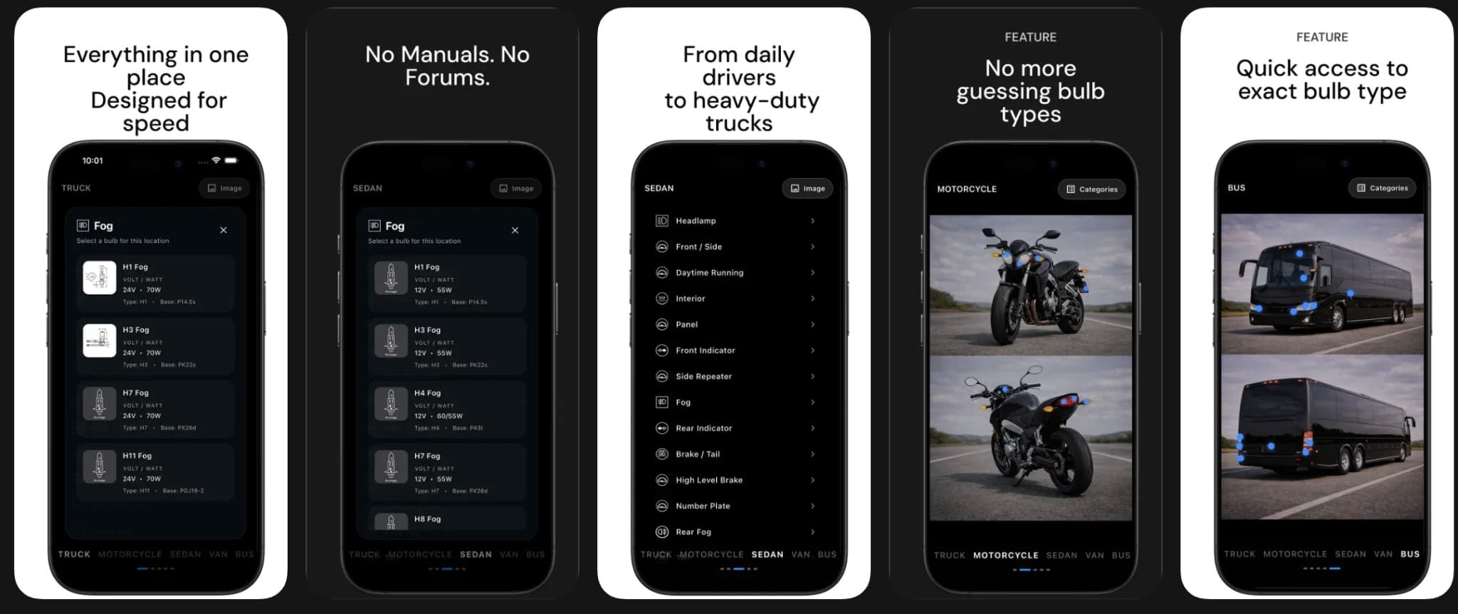 BulbGo app screenshots — bulb list, vehicle categories, and bulb detail view